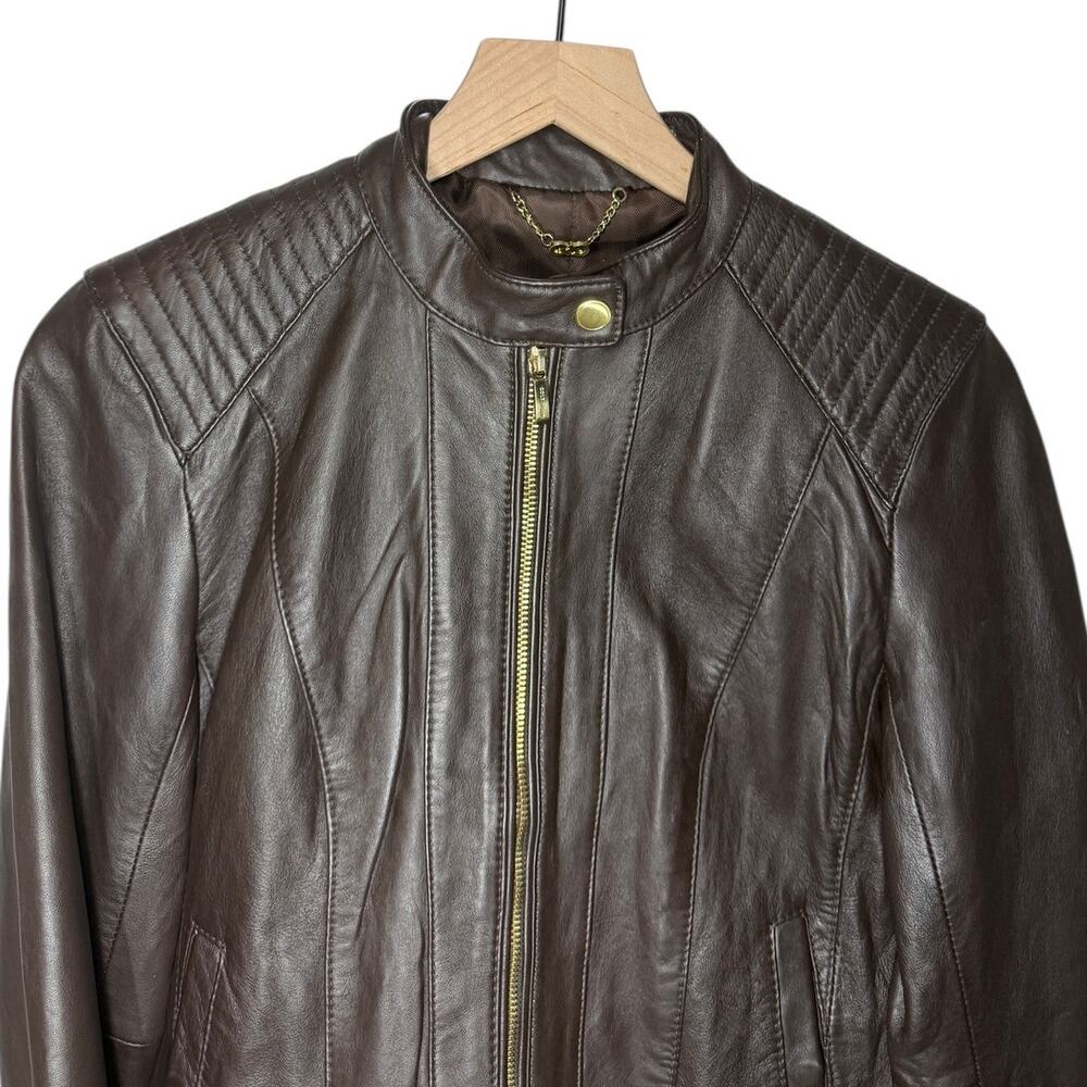 Cole Haan Lambskin Leather Moto Jacket Brown Gold Hardware Small - Picture 3 of 13